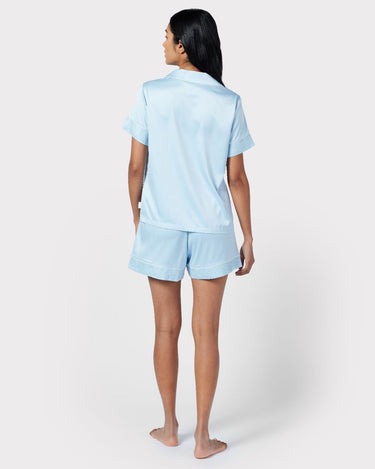 Satin Lace Trim Short Pyjama Set - Pastel Blue